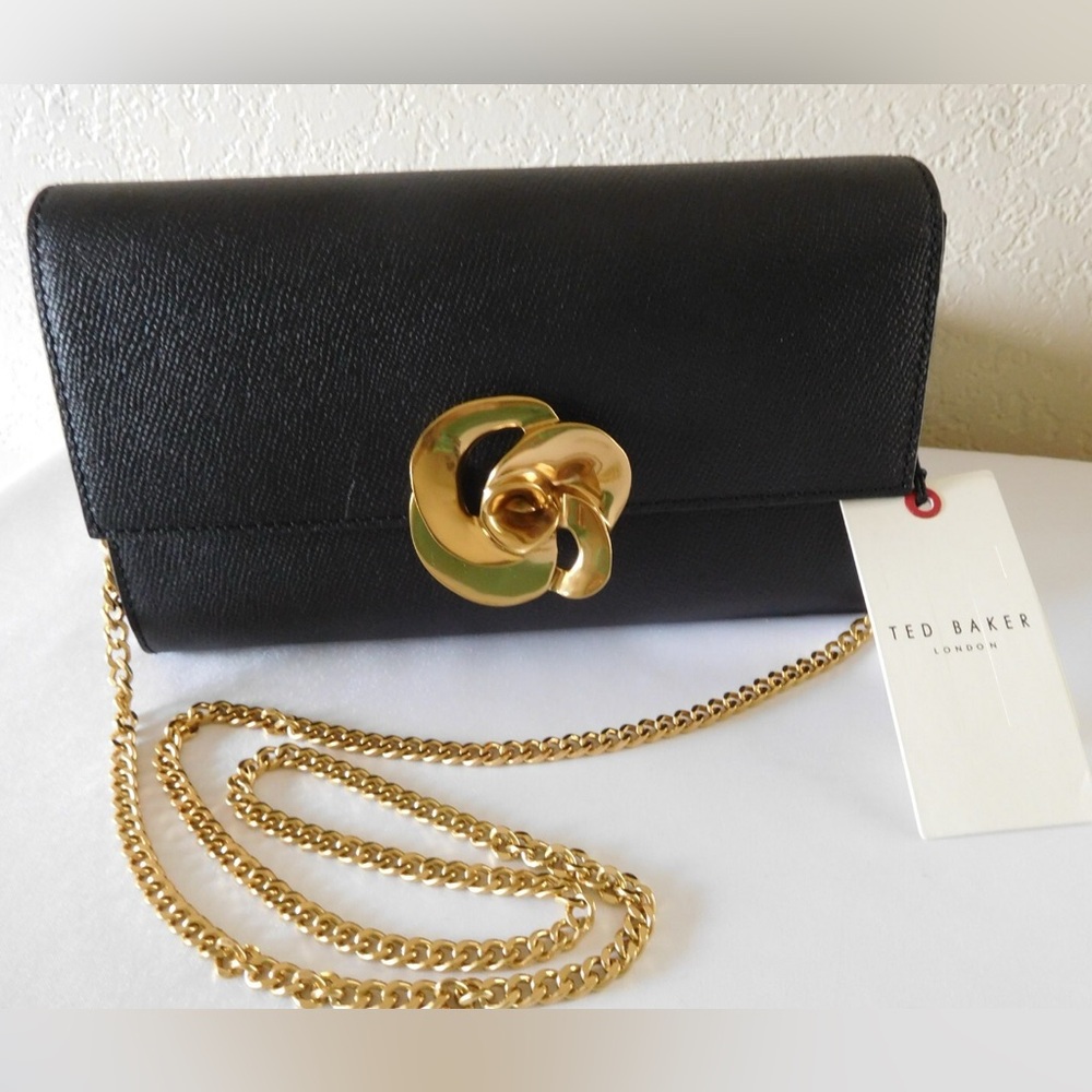 Ted BakerKira Rose clutch black leather crossbody gold chain & hardware- NWT
